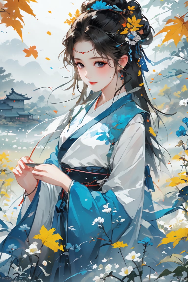 (Masterpiece), (best quality), illustrations, super detailed, HDR, depth of field, (color), loli, 1 girl, solo, maple leaf, autumn leaf, smile, leaf, holding a leaf, looking at the audience, blurry, Hanfu, bun, simple hair accessories, bracelet, Hanfu<lora:EMS-399285-EMS:1.000000>