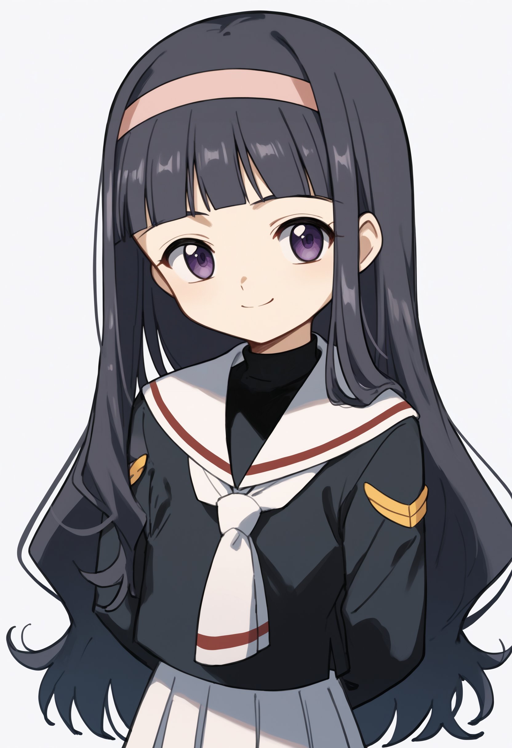 score_9, score_8_up, score_7_up, score_6_up, score_5_up, score_4_up, BREAK, source_anime,1girl, daidouji tomoyo, black hair, long hair, blunt bangs, hairband, long hair, purple eyes, black shirt, long sleeves, neckerchief, sailor collar, school uniform, serafuku, white skirt, tomoeda elementary school uniform,hands behind back, smile, upper body, looking at viewer, solo, simple background, white background     <lora:TomoyoDaidoujiXL:1>