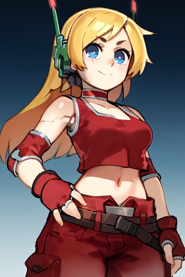 score_9, score_8_up, score_7_up, source_anime, best quality, masterpiece, 5_fingers, BREAKsimple background, gradient background, cowboy shot<lora:WD-MAnon-XLV3:1><lora:Curly_Brace_-_Cave_Story_PONY:1> 1girl, android, robot joints, red shirt, crop top, bare shoulders, blonde hair, long hair, headphones, robot ears, blue eyes, red pants, navel, midriff, choker, elbow sleeves, red gloves, fingerless gloves