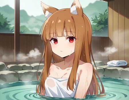 score_9, score_8_up, score_7_up, source_anime,wolfholo, <lora:wolf-holo-alpha-ponyxl-lora-nochekaiser:1>holo, red eyes, bangs, blunt bangs, sidelocks, animal ears, fox ears, brown hair, long hair,nude, naked, small breasts,outdoors, onsen, towel, naked towel, steam, bathing, nude cover, partially submerged, water, bath, steam censor, wet towel,looking at viewer, cowboy shot, dutch angle,