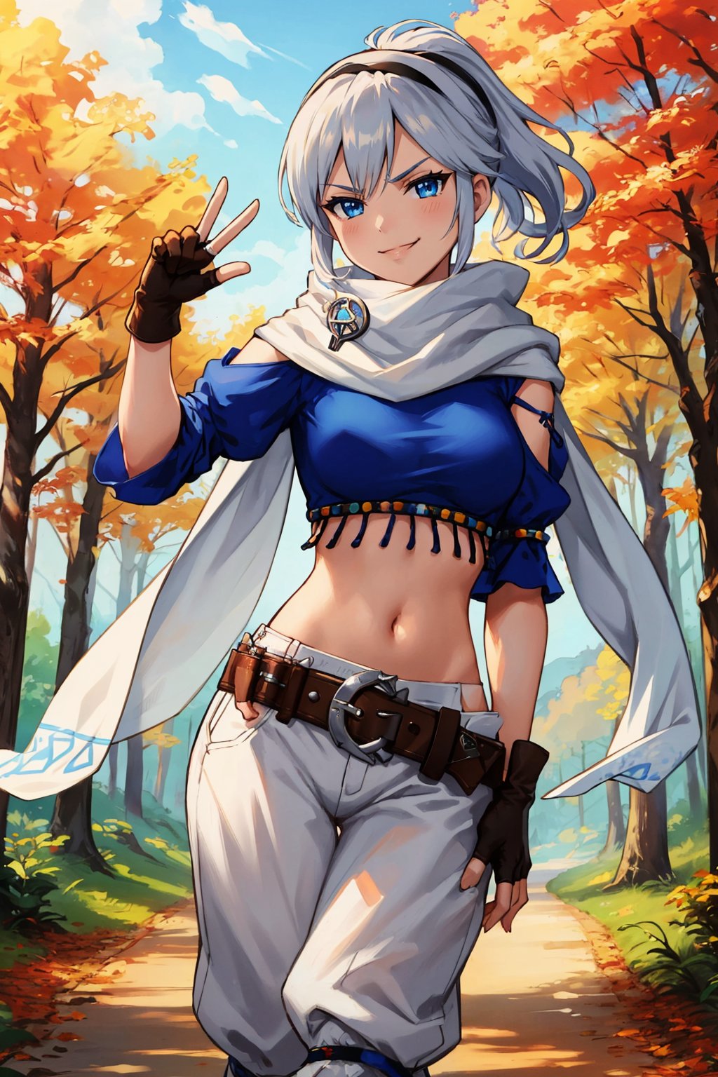 masterpiece, best quality, 1girl,  <lora:adelle-nvwls-v1-000009:0.9> adelle, short ponytail, black hairband, white scarf, blue shirt, midriff, white pants, belt, fingerless gloves, medium breasts, looking at viewer, hand on hip, smug, smirk, peace sign, autumn, forest