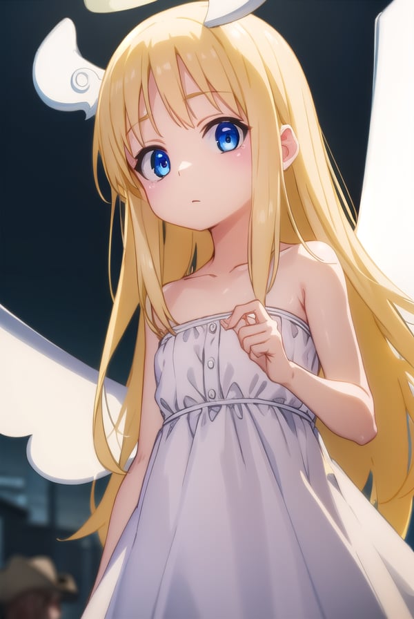 crimvael, <lora:crimvael s1-lora-nochekaiser:1>,crimvael, long hair, blue eyes, blonde hair,BREAK dress, bare shoulders, collarbone, wings, white dress, strapless, halo, strapless dress, angel wings, white wings, angel,BREAK outdoors,BREAK looking at viewer, (cowboy shot:1.5),BREAK <lyco:GoodHands-beta2:1>, (masterpiece:1.2), best quality, high resolution, unity 8k wallpaper, (illustration:0.8), (beautiful detailed eyes:1.6), extremely detailed face, perfect lighting, extremely detailed CG, (perfect hands, perfect anatomy),