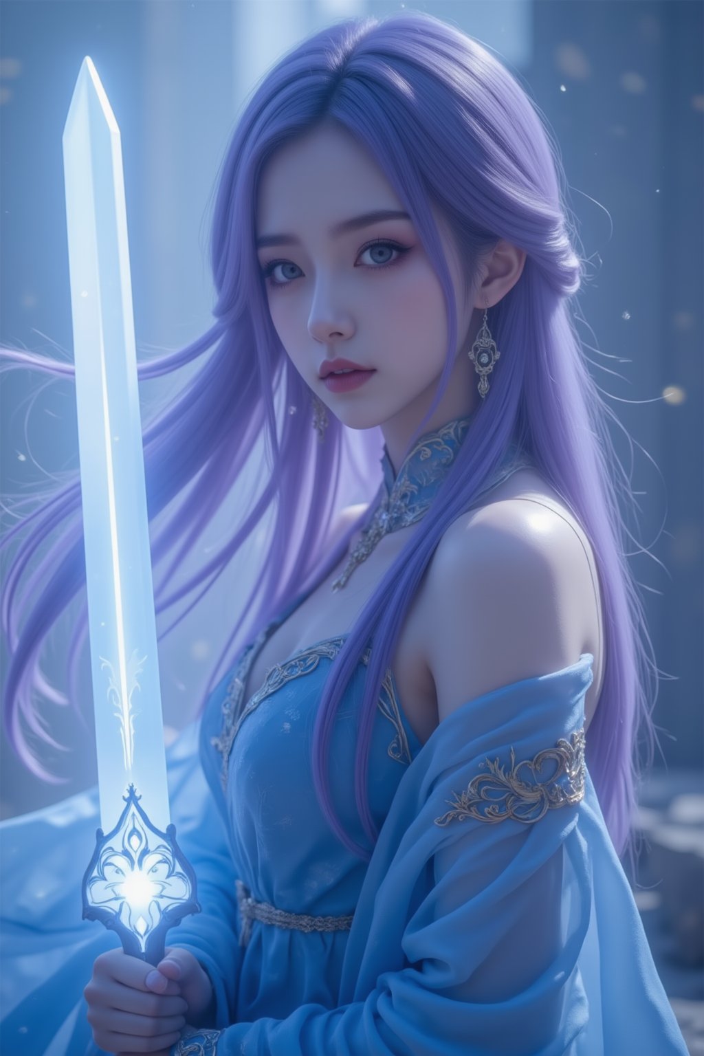 1girl, fantasy art, ethereal female warrior with long purple hair, holding a glowing sword, wearing a flowing blue robe with intricate embroidery, delicate earrings, serene expression, soft blue lighting, misty background, mystical and mystical atmosphere.<lora:天穹长老2.0:0.8>