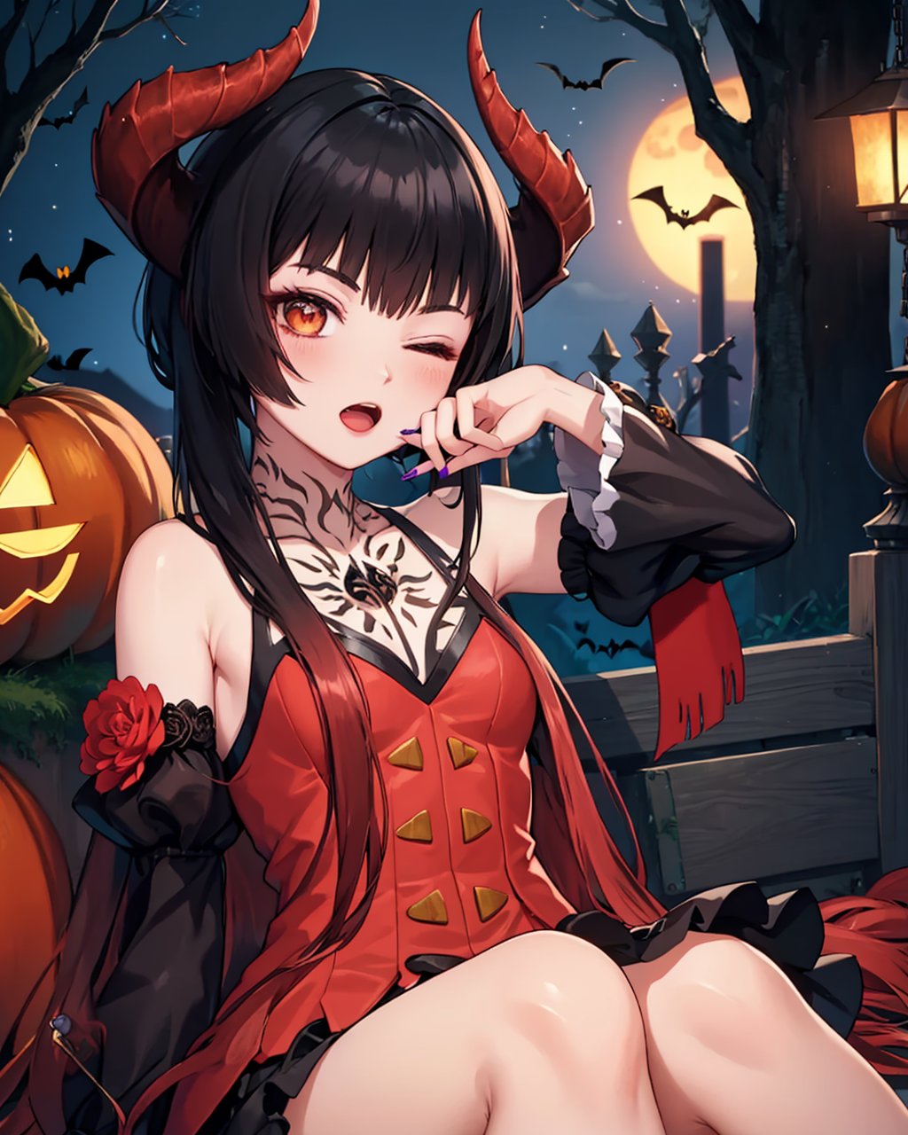 masterpiece,best quality, highly detailed, eliza (tekken),yawning, 1girl, solo, one eye closed, open mouth, detached sleeves, halloween, lollipop, arm up, demon horns, sitting, nail polish, chain, jack-o'-lantern,<lora:eliza_(tekken):1>