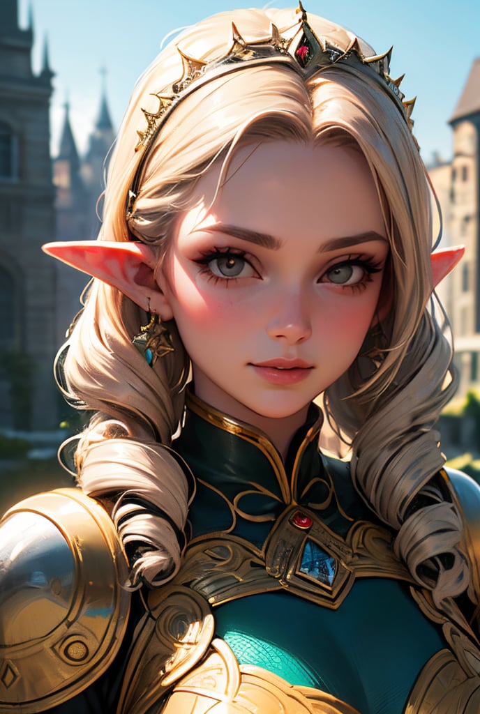 (masterpiece:1.3), (best quality:1.3), 8k, highres, intricate detailed, highly detailed, detailed background, depth of field, perspective, hdr, sharp focus, tilt camera, 1girl, solo, female elf, queen, mature female, drill hair, blonde hair, brown eyes, (long eyelashes:1.3), (eyeshadow:1.3), blush, gloss lips, (smirk:1.2), large breasts, sexy body, medieval theme, pointy ears, tiara, colorful dress, aqua dress, gold trim, edgPlume, wearing edgPlume_(feather robe), feathers, looking at viewer, tempting pose, (fantasy:1.3), outdoors, village, castle,, RAW photo, (masterpiece:1.3), subsurface scattering, heavy shadow, (high quality:1.4), (intricate, high detail:1.2), professional photography, HDR, High Dynamic Range, realistic, ultra realistic, photorealistic, high resolution, film photography, DSLR, 8k uhd, Fujifilm XT3