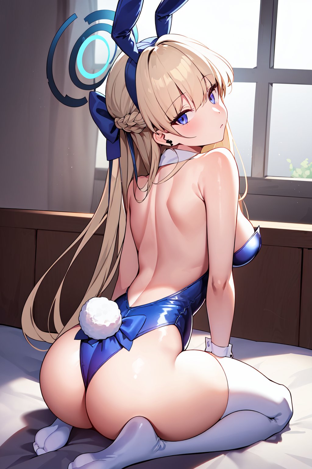 best quality, masterpiece,  <lora:TokiBAv1:0.7>toki, halo, long hair, rabbit ears, detached collar bowtie, playboy bunny leotard, white thighhighs, bunny tail, earpiece, earrings, hair ribbon, wrist cuffs, looking at viewer, looking back, head tilt, expressionless, sitting, seiza, arched back, on bed, curtain, light particles, from behind,