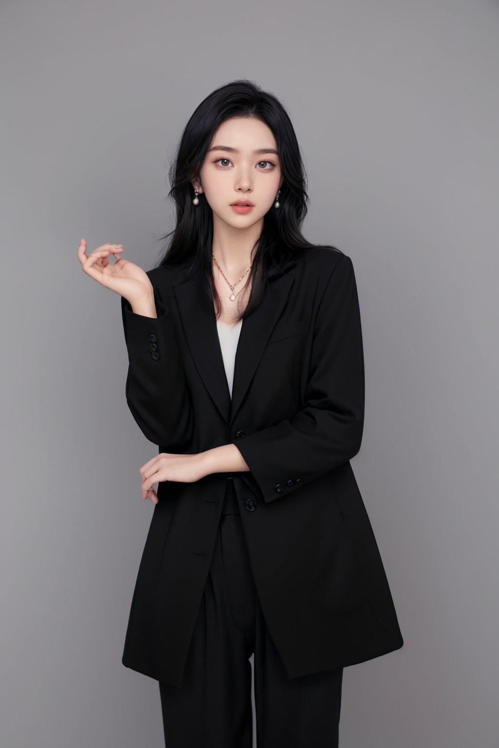 1girl,solo,black hair,long hair,necklace,earrings,grey background,realistic,pants,looking at viewer,formal,black pants,simple background,suit,jacket,parted lips,standing,black jacket,cowboy shot,shirt,black eyes,brown eyes,<lora:girl:0.6>,