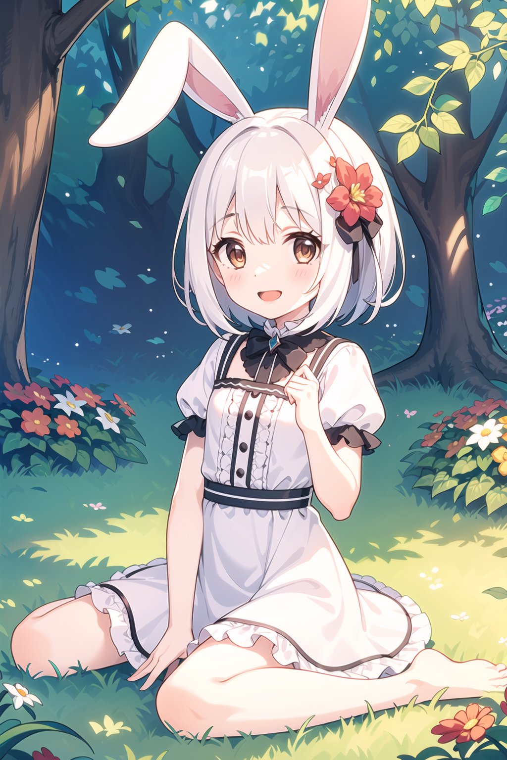 (masterpiece,best quality), 1girl,petite,flat chest, solo, solo focus, (animal ears, rabbit ears), barefoot, knees up, dress, sitting, short sleeves, looking at viewer, grass, short hair, smile, white hair, puffy sleeves, outdoors, puffy short sleeves, bangs, on ground, full body, animal, sunlight, brown eyes, dappled sunlight, day, depth of field, open mouth, (flower, hair flower), w, wariza, white dress, <lora:pcr-000012:0.7>