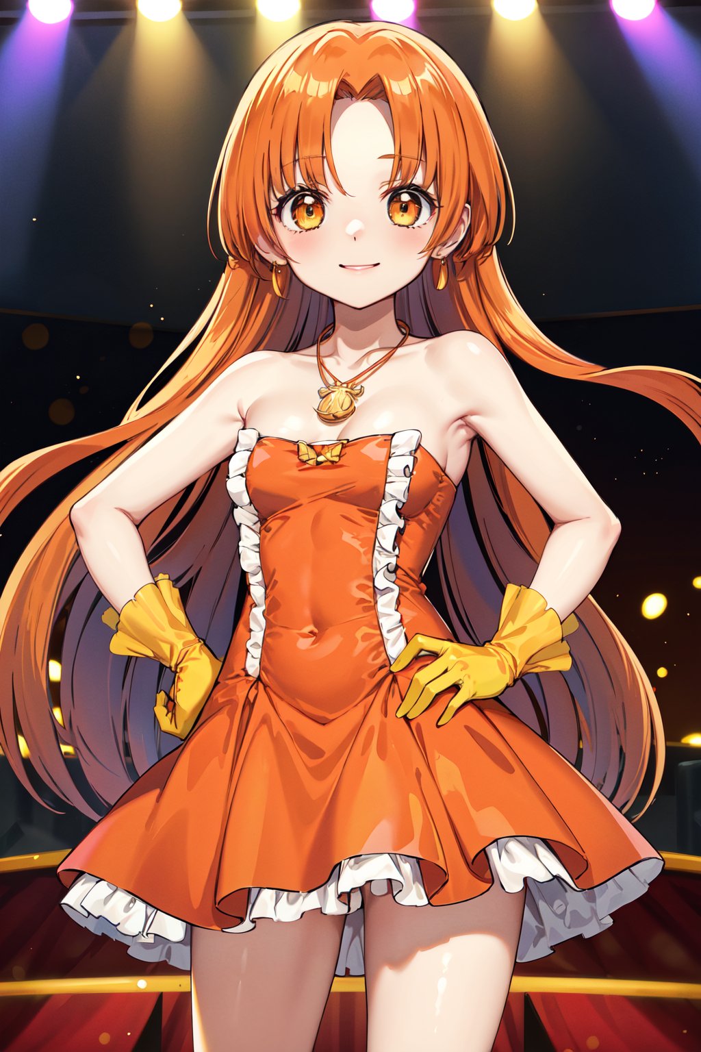 masterpiece, best quality, highres, 1girl, solo, long hair, orange hair, parted bangs, brown eyes, necklace, bare shoulders, frills, orange dress, strapless dress, yellow gloves, <lora:seira_v1:0.7>, standing, cowboy shot, stage, hand on hip, smile