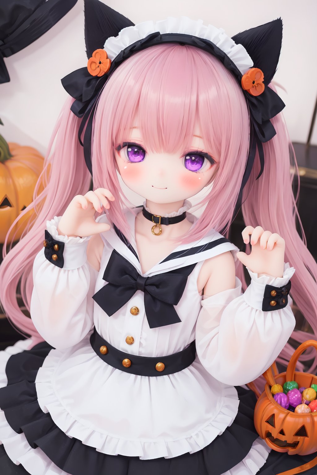 1girl, solo, witch hat, shirt, hat, animal ears, white shirt,half closed eyes, facing viewer, pink hair, bow, skirt, hair ornament, twintails, blush, closed mouth, polka dot scrunchie, long sleeves, cat ears, smile, halloween bucket, animal ear fluff, frilled skirt, halloween, good shade, long hair, ^ ^, bangs, pink bow, holding, bat hair ornament, black skirt, striped, striped bow, frills, sleeveless, polka dot, food, very long hair, black headwear, polka dot bow, hands up, sleeves past wrists, black bow, detached sleeves, purple bow, purple skirt, cat girl, hat bow, black sailor collar<lora:doll-v1:0.5>,