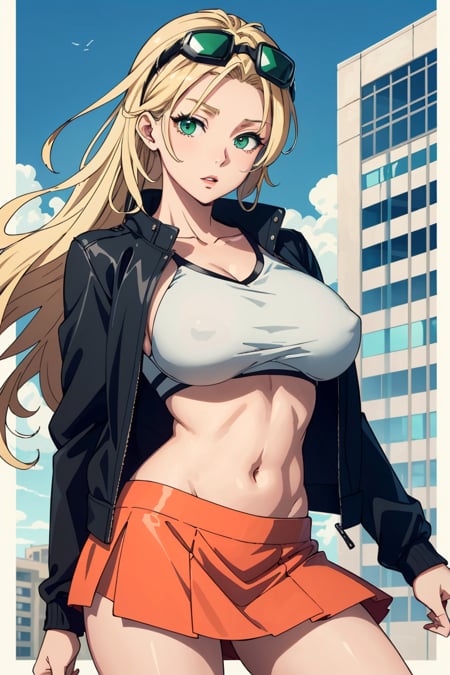 Anime, mid 20s, Slim Athletic Build, long blonde Hair, unkept hair, big breast, revealing Top, Short skirt, Green Eyes, light coral Lips, Leather Bomber Jacket, Aviator goggles on forehead, Skyscraper background