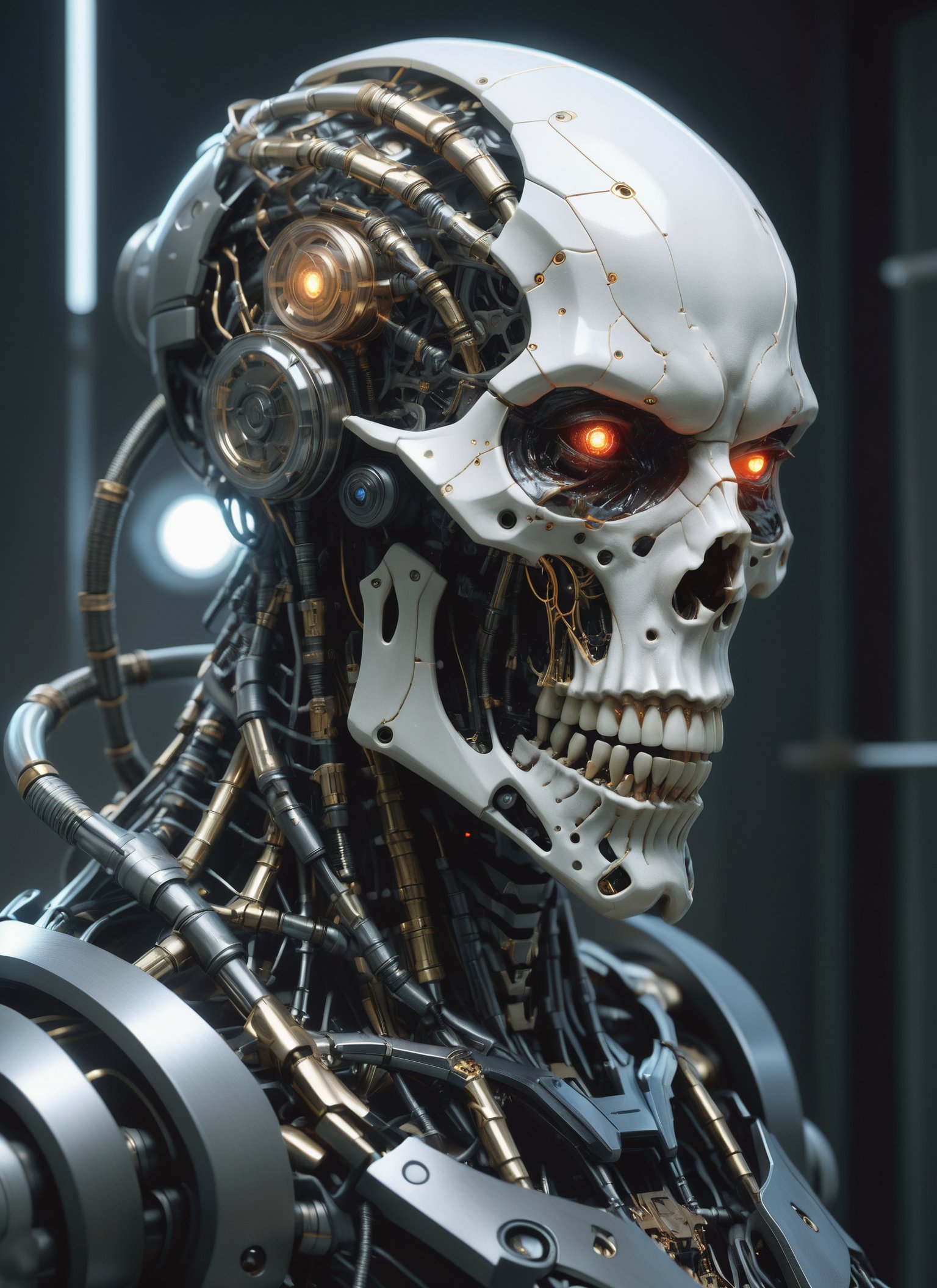 Cyberpunk, sci-fi, dark-fantasy, kodak portrait 400, 8k, soft light, volumetric lighting, highly detailed, britt marling style 3/4, portrait photo of a war man cyborg robot in a chemical laboratory + face, face is skullbone with scares, intricate, elegant, highly detailed, devil-armor, 2D motifs detailed dark fantasy digital painting, artstation, concept art, smooth, sharp focus, illustration, art by Otomo Katsuhiro and ShirÅ Masamune and Oshii Mamoru. Cosmic light in backfront