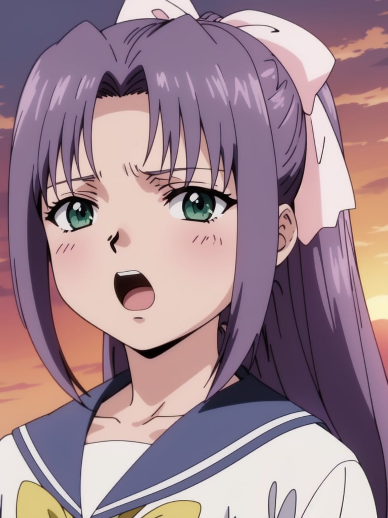 <lora:Koigakubo_Momoko:0.8>, koigakubomomoko, 1girl, solo, green eyes, school uniform, empty eyes, ribbon, open mouth, looking at viewer, hair ribbon, sunset, outdoor, 2000s \(style\), anime, anime_screencap, animated gif, mp4 ,video, animated, 