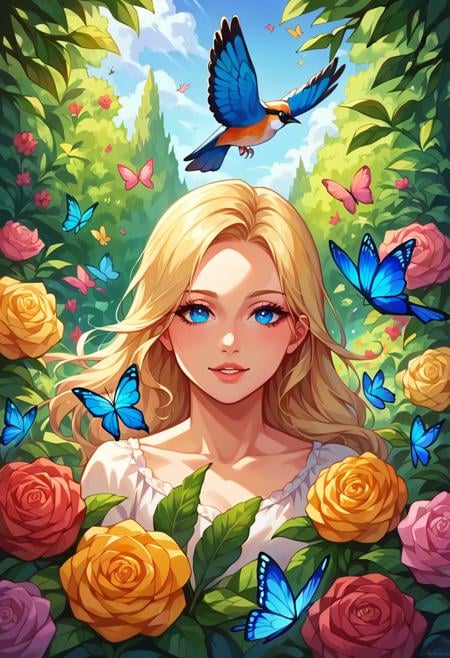 score_9, score_8_up, score_7_up, portrait, 1girl, solo, blonde hair, blue eyes, masterpiece, best quality, ultra-detailed, floating, beautiful detailed eyes, detailed light, fruits, flowers, colorful, garden, colorful background, forest, bird, butterfly,  looking at viewer