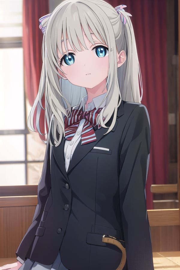 hotaruhiraiwa, <lora:hotaru hiraiwa s1-lora-nochekaiser:1>,hotaru hiraiwa, long hair, bangs, blue eyes, grey hair,BREAK skirt, long sleeves, school uniform, jacket, socks, black skirt, two side up, black jacket, kneehighs, blazer, black socks, bow, bowtie, stripped, stripped bowtie,BREAK indoors, classroom,BREAK looking at viewer, (cowboy shot:1.5),BREAK <lyco:GoodHands-beta2:1>, (masterpiece:1.2), best quality, high resolution, unity 8k wallpaper, (illustration:0.8), (beautiful detailed eyes:1.6), extremely detailed face, perfect lighting, extremely detailed CG, (perfect hands, perfect anatomy),