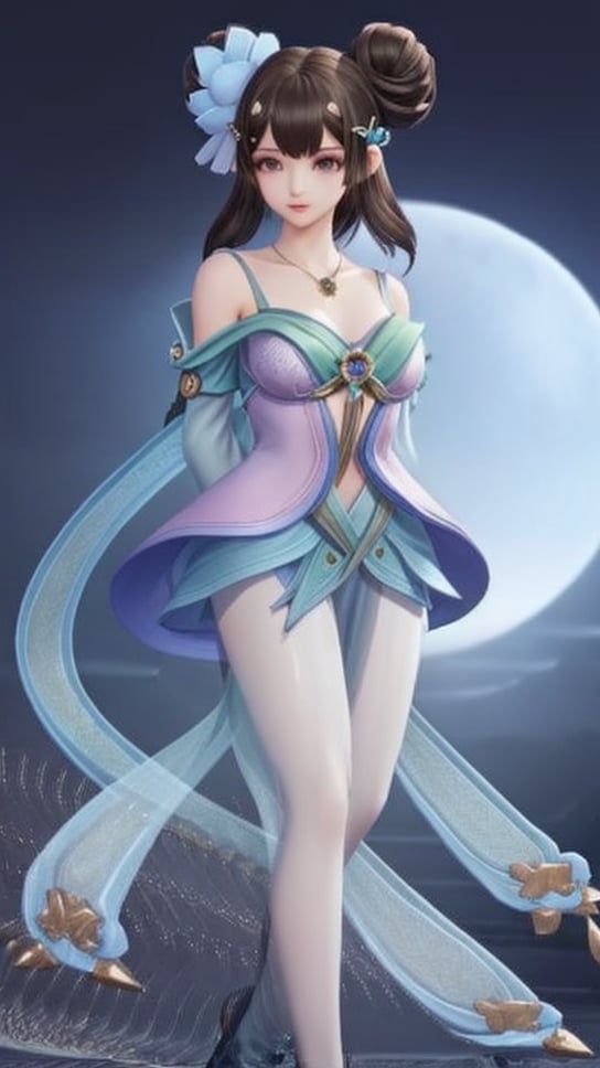 (1girl),smooth chin,masterpiece,detailed face,((hair ornament)),top quality,4k,make up,best quality,medium breasts,(looking at viewer),long legs,double bun,jewelry hair,dress,detached sleeves,ribbon,shawl,light blue skirt,puffy pants,hair rings,hair flower,(wariza),(arms behind back),bangs,jewelry on bangs,<lora:王者 小乔 青蛇SD_v1.0:0.6>,