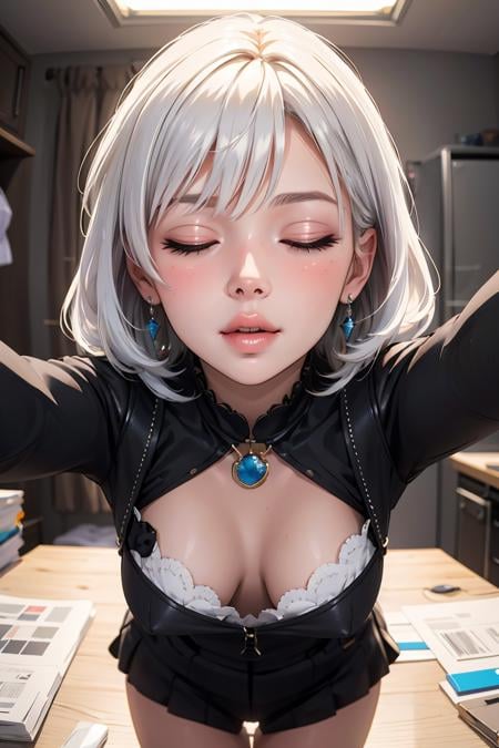 masterpiece, best quality, Ray tracing, hdr, volumetric lighting,1girl, flushed, longe white hair, closed eyes, <lora:PovKiss_Peck_FefaAIart:0.8>, pov, kiss, peck lips, round lips, incoming kiss,   outstretched arms,<lora:Downblouse_FefaAIart:0.5>,downblouse, extended downblouse,