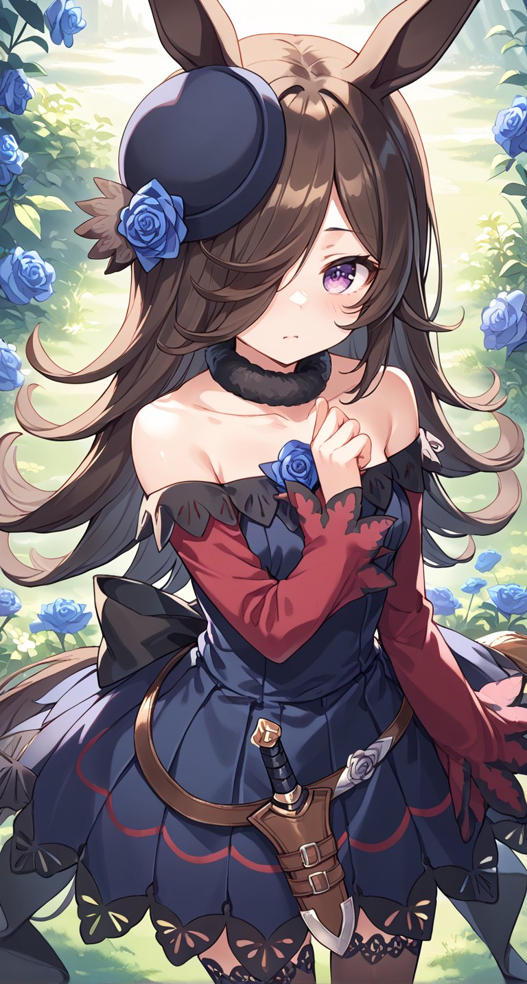 score_9,score_8_up,score_7_up,official art,official style,game cg,megami magazine,1girl,rcs race,rice shower (umamusume),animal ears,back bow,bangs,bare shoulders,belt,black bow,blue dress,blue flower,blue rose,blush,brown hair,black legwear,brown thighhighs,collarbone,dagger,dress,dress bow,eyebrows visible through hair,flipped hair,flower,fur choker,fur collar,hair flower,hair ornament,hair over one eye,hat,hat flower,horse ears,horse girl,horse tail,knife,long hair,long sleeves,off shoulder,off-shoulder dress,one eye covered,purple dress,purple eyes,purple headwear,rose,sheath,sheathed,shoes,short dress,sleeves past wrists,tail,thigh-highs,thighhighs,tilted headwear,very long hair,violet eyes,weapon,standing,<lora:umamusume_rice_shower_pony_v1:1>,