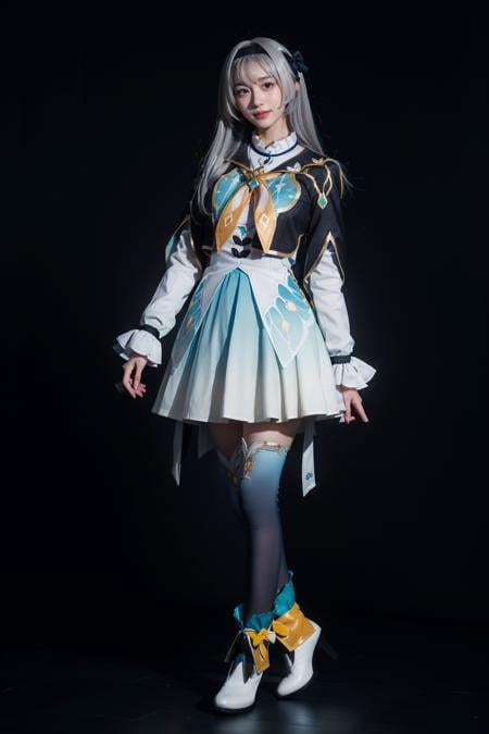 best quality,masterpiece,realistic,photorealistic,1girl,solo,smile,looking at viewer,standing,full body,arm at side,firefly cosplay costume,cosplay,long hair,white hair,dress,cropped jacket,capelet,shirt,skirt,long sleeves,frilled sleeves,bow,neckerchief,ribbon,fingerless gloves,hairband,hair bow,hair ornament,gradient legwear,gradient thighhighs,ankle boots,high heel boots,simple grey background,<lora:Honkai_StarRail_Firefly_costplay_costume_v1:0.7>,