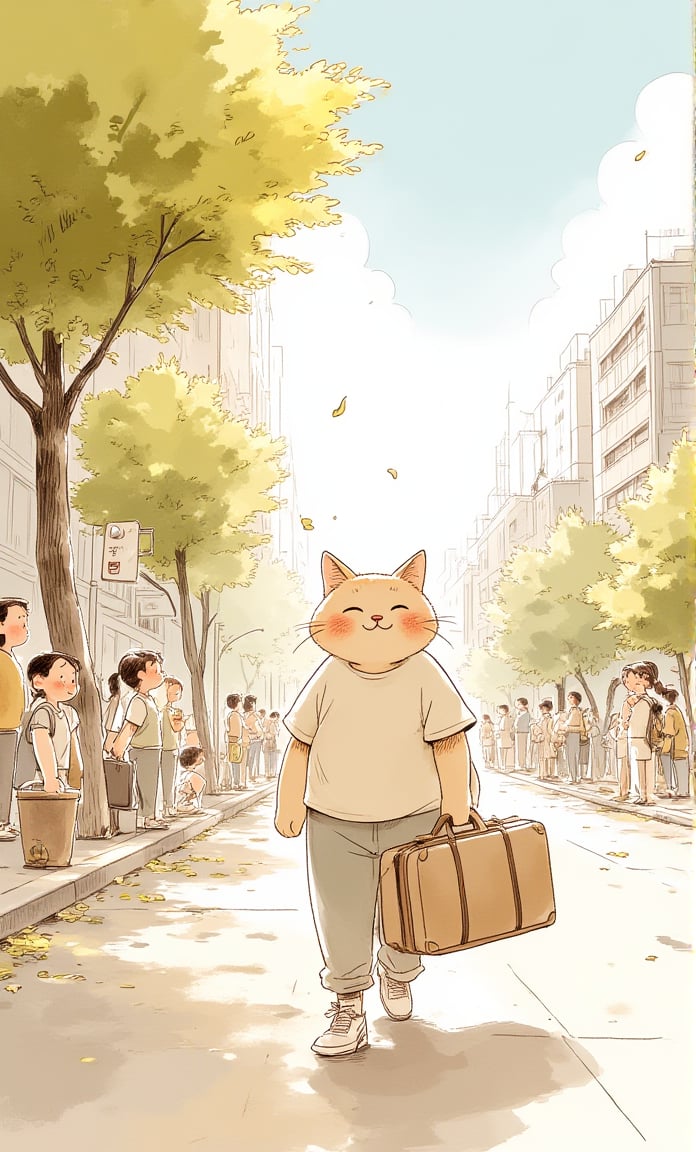 A cat carrying a suitcase, wearing a T-shirt, casual pants, waiting for a bus stop, streets, many people, fallen leaves