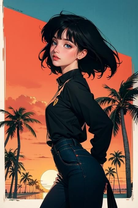 retro girl, Miami, sunset, Ferrari, palm tree, 90's, (flat colors, flat texture, lineart:1.2), graphical design, (heavy ink, ink blacks),