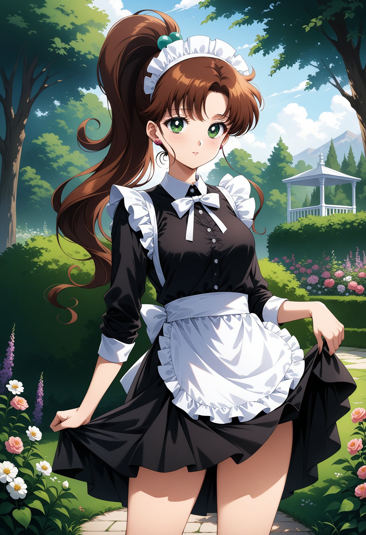 (masterpiece, best quality, very aesthetic, ultra detailed), intricate details, 4k, aajupiter, long hair, brown hair, ponytail, hair bobbles, earrings, green eyes, <lora:sailor_jupiter_animaginexl_v2:0.9> maid, maid headdress, garden, standing, cowboy shot, skirt hold,