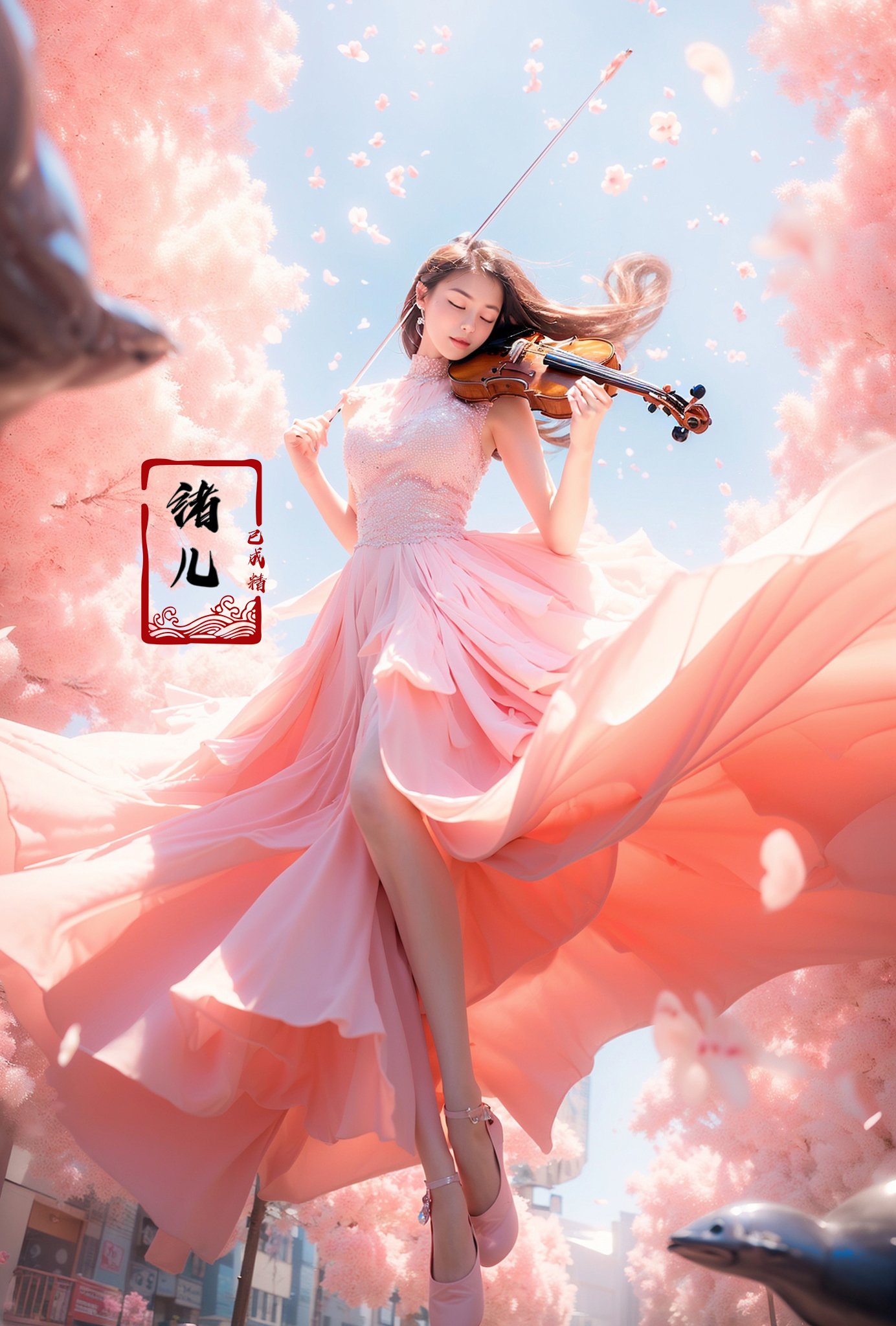 (A girl in a dress is in the air:1.3), playing a violin, (wide shot, wide-angle lens,Panoramic:1.2),super vista, super wide Angle，Low Angle shooting, super wide lens, blurry, blurry_background, blurry_foreground, depth_of_field, motion_blur,violin，bare shoulders，petals，pink dress，from below，blurry foreground， (Milky skin:1.4),(Closed eyes:1.3), (full body:1.5),(long legs:1.3), <lora:绪儿-小提琴 violin:0.8> 