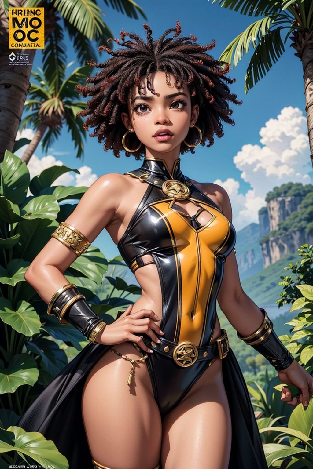 1girl, african girl, masterpiece, high quality, 8k, high resolution, perfect art, Average Height, Diamond-Shaped Face, black Skin, red Hair, black Eyes, Short Nose, Full Lips, Receding Chin, long curly Hair, (comic book cover style, action pose:1.2), jungle warrior outfit, angry expression, jungle in the background, kkw-Afro