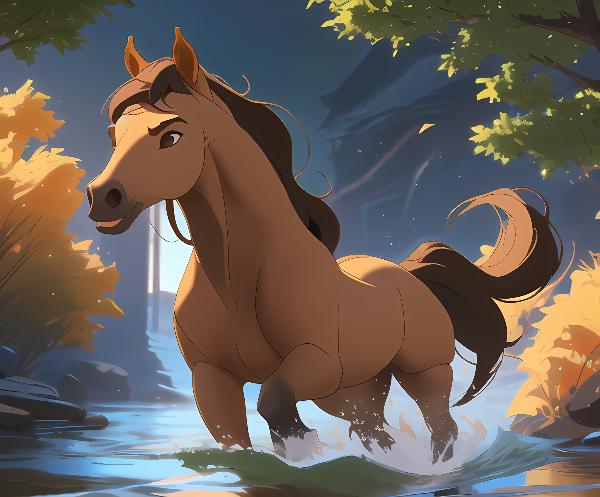 <lora:spirit2002:0.6>, 1horse, buckskin coloured horse with a black mane without white spots with a dark brown nose, a black tail, and brown eyes, running, sun shining, in the river, Soft Lighting, 8k, photorealistic, UHD, HDR, sideview, view from the side, (best quality, masterpiece)