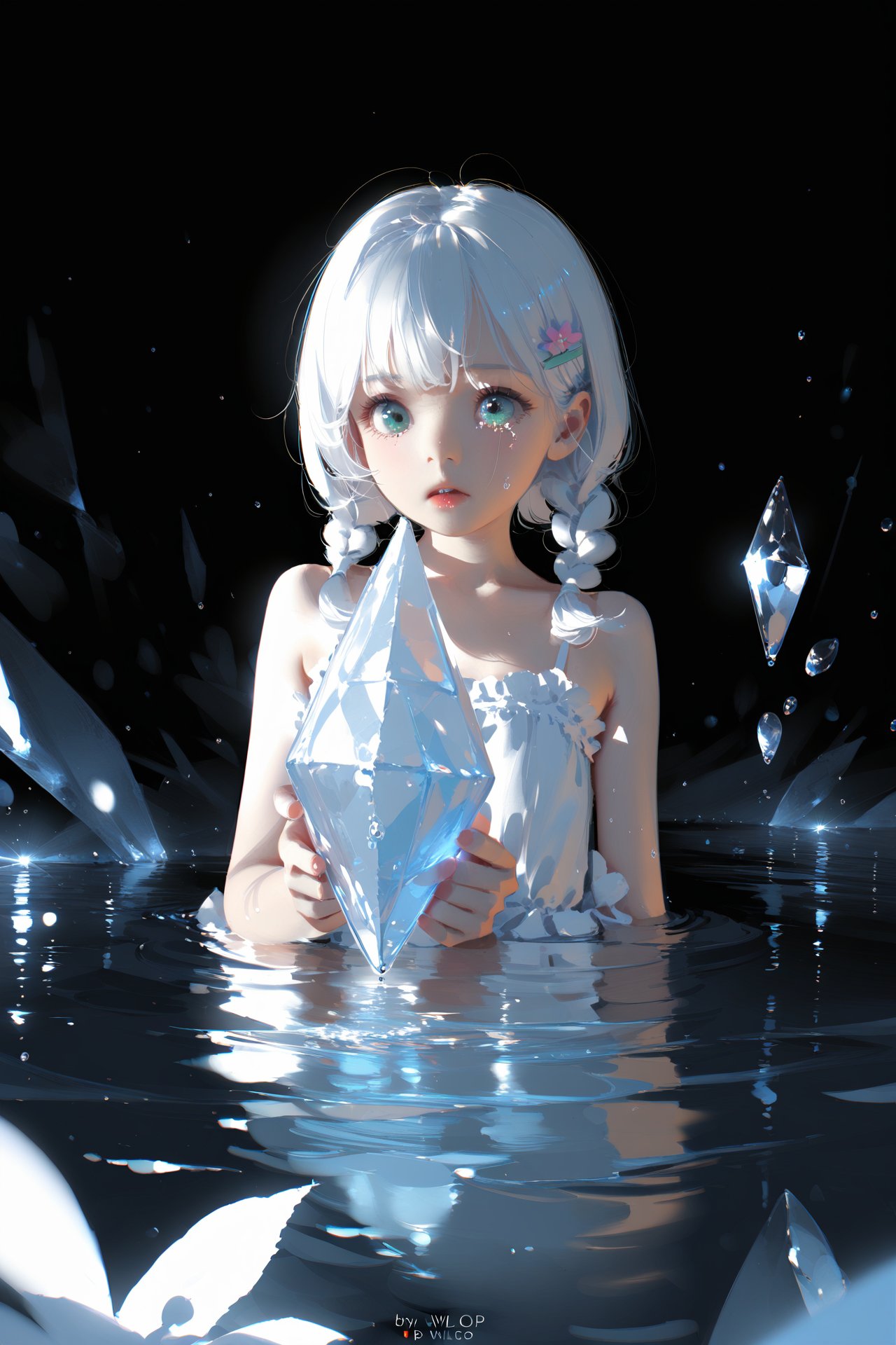 (masterpiece),(best quality),illustration,ultra detailed,hdr,Depth of field,(colorful),loli,wlop,1 girl,loli,White Dress,White short hair,braids,lily flower hair clip,upper body,cry,water,black background,Ice crystal,dappled sunlight,Suspended colorless crystal,beautiful detailed glow,(detailed ice),beautiful detailed water,