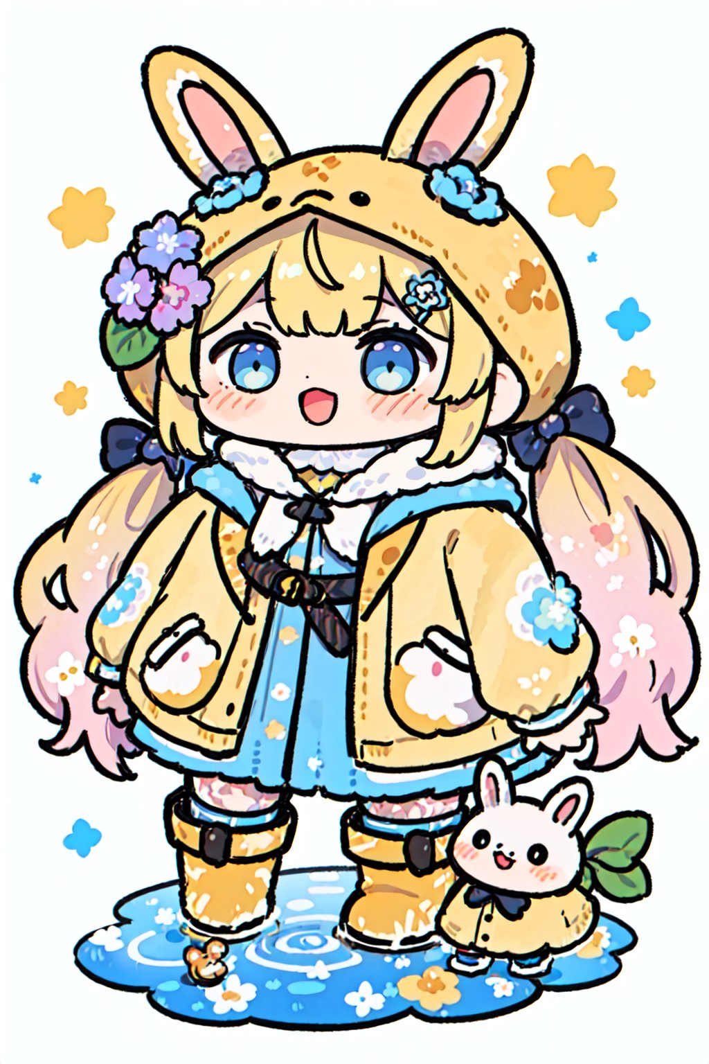 1girl,rainbow,raincoat,yellow raincoat,rubber boots,hydrangea,flower,long hair,twintails,boots,blush,open mouth,hair ornament,white background,hood,solo,teruterubouzu,very long hair,hood up,long sleeves,low twintails,bow,bangs,smile,animal hood,blue eyes,rabbit,puddle,full body,:d,snail,yellow footwear,simple background,pink flower,standing,food-themed hair ornament,hair bow,animal ears,blonde hair,hair flower,rain,animal,<lora:生草福娃:1>,