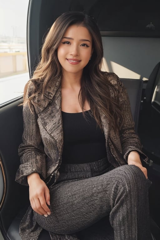 pokimane, portrait, film grain, a woman  (jacket:1.2), pants, sharp lighting, shadows, (thighs), sitting in a chair, jet interior,  updo, light shining through hair, slightly smiling,  <lora:pokimane_cyb2_sd1.5_ZnLn:0.50>