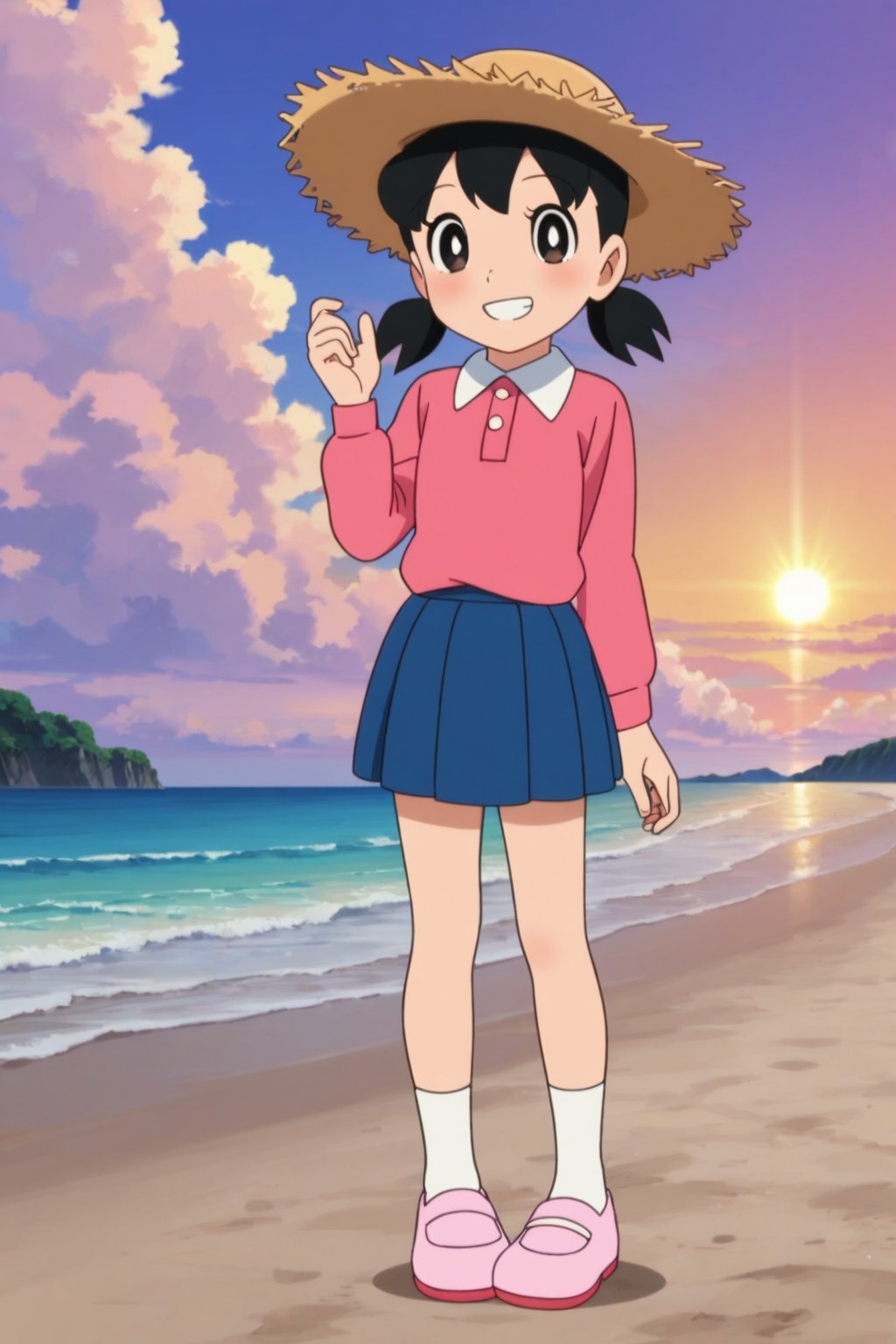 score_9, score_8_up, score_7_up, score_6_up, score_5_up, score_4_up, source_anime,minamoto sizuka,1girl, outdoors, hat, solo, skirt, twintails, black hair, socks, sky, shirt, blue skirt, beach, smile, day, cloud, shoes, black eyes, pink footwear, ocean, white socks, looking at viewer, long sleeves, pink shirt, blue sky, standing, full body, pleated skirt, bright pupils, short twintails, water, child, white pupils, collared shirt, blush, grin, straw hat, sun hat, hand up, low twintails,masterpiece, perfect face, best quality, beautiful girl, cute girl, beautiful eyes, shiny eyes, anime coloring, anime screencap, absurdres, award winning, full body, <lora:minamoto shizuka hask 912:0.8>