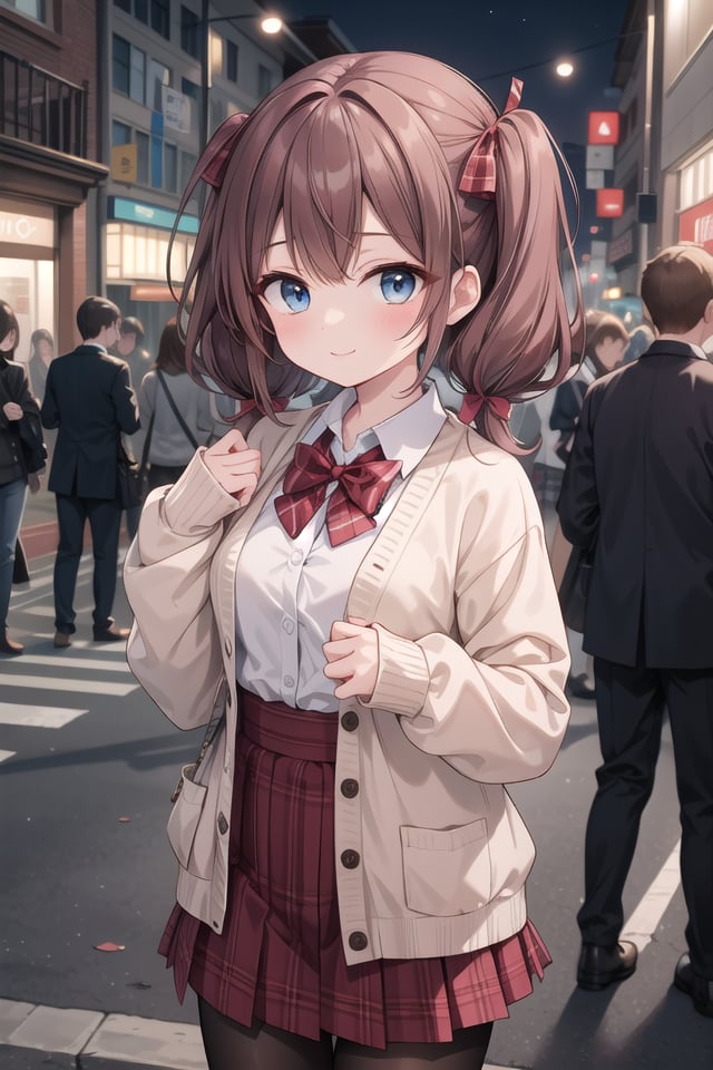 insanely detailed, absurdres, ultra-highres, ultra-detailed, best quality,1girl, solo, nice hands, perfect handsBREAK(School Uniforms:1.2), (pink cardigan is fit body:1.4), ((do up a buttons, not loose):1.5), ((long sleeve, sleeves past wrists):1.2), (inner wear is white collared-shirt:1.3), (red plaid-pattern bow:1.3), (red plaid-pattern pleated skirt:1.3), ((dark-brown pantyhose, loafers):1.2)BREAK(nsfw:-1.5)BREAKhappy smile, laugh, closed mouthBREAK,standing, cowboy shot, looking at viewerBREAKslender, kawaii, perfect symmetrical face, ultra cute girl, ultra cute face, ultra detailed eyes, ultra detailed hair, ultra cute, ultra beautifulBREAKin street, cityscape in harajuku, depth of field, ultra detailed backgroundBREAKmedium large breastsBREAKhime cut, (low twintails:1.3), messy hair, medium hair, (red brown hair, dark blue eyes:1.3)<lora:eyecolle_torenia_v100:0.5> <lora:eyecolle_nadeshiko_v100:0.5>