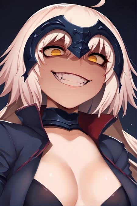 score_9, <lora:gesugao_v1_pruned:1>, gesugao, evil grin, shaded face, jeanne d'arc alter \(fate\), close-up, from below, <lora:belko_unpruned:1>, high resolution, Masterpiece