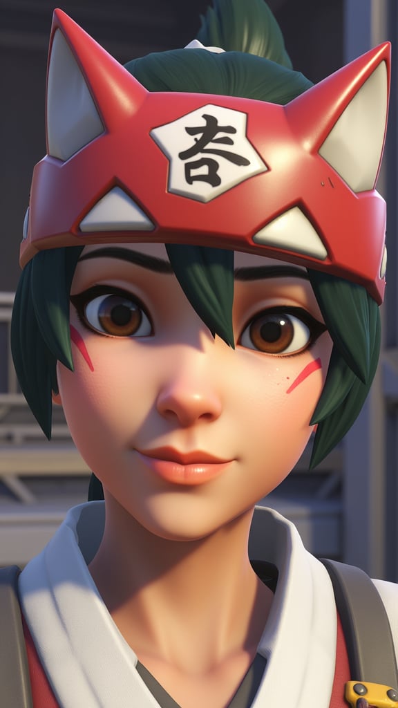 Kiriko a young girl character in the Overwatch video game is depicted in a portrait. She has short dark green hair styled in a pixie cut with bangs. Her skin tone is light and her eyes are large and almond-shaped with dark brown irises. She wears a red headband with white and black Japanese kanji characters on it covering her forehead and part of her ears. Her facial expression is neutral with a slight hint of a smile. Her lips are full and pink and she has a small mole on her right cheek. She is wearing a white scarf around her neck. The background is blurred but it appears to be a dimly lit room with metallic surfaces suggesting an industrial or futuristic setting. The lighting is soft and diffused casting subtle highlights and shadows on her face enhancing the texture of her skin and the smoothness of her headband. The overall style of the image is highly detailed and realistic typical of modern video game character art, <lora:kiriko-overwatch-2-v3:1>