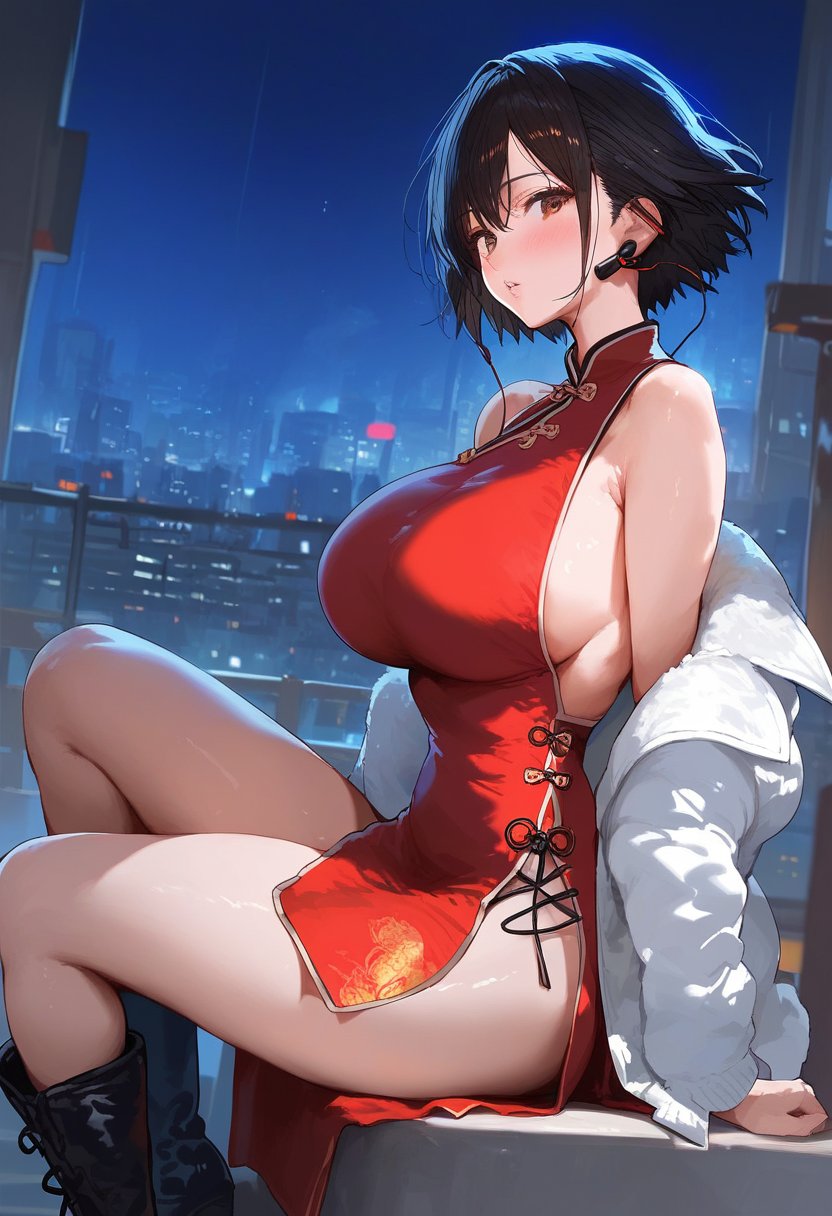 score_9, score_8_up, score_7_up, score_6_up, source_anime, <lora:GEN 0.1v:0.9>, GEN,1girl, solo, breasts, looking at viewer, blush, short hair, black hair, long sleeves, dress, bare shoulders, sitting, huge breasts, revealing clothes, brown eyes, jacket, outdoors, parted lips, boots, open clothes, sleeveless, black footwear, off shoulder, blurry, open jacket, from side, looking to the side, sleeveless dress, night, white jacket, chinese clothes, red dress, building, china dress, side slit, city, cityscape, earphones, print dress, city lights, angle,