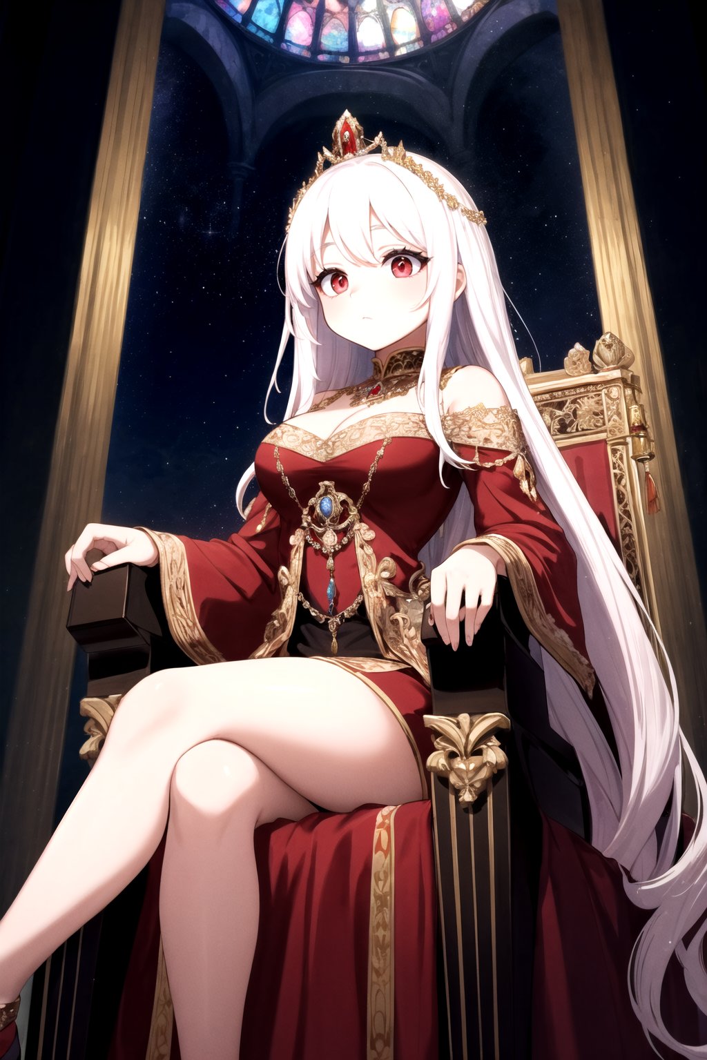 Step into the opulent realm of "Crimson Monarchy," a kingdom where power and beauty converge in the form of a resplendent queen. Visualize an awe-inspiring image of the queen, her white hair cascading like a regal waterfall, her deep red eyes reflecting both wisdom and authority, as she sits upon her throne, contemplating her kingdom.The throne room exudes grandeur and majesty, adorned with ornate golden accents and draped in rich crimson tapestries that bear the emblem of the realm. Sunlight streams through towering stained-glass windows, casting a kaleidoscope of colors upon the polished marble floors. The air is infused with the scent of polished wood and perfumed candles, adding to the atmosphere of regal elegance.Seated upon her throne, the queen radiates an aura of both power and grace. Her white hair is a symbol of her wisdom and experience, flowing like a river of moonlit silk. Her deep red eyes, intense and captivating, hold the secrets of the kingdom and speak of her unwavering resolve. She embodies a formidable ruler whose beauty and authority command the admiration of her subjects.The queen's attire is befitting of her royal stature, exuding a sense of regality and refinement. Picture her in a gown adorned with intricate embroidery and precious gemstones that catch the light and shimmer like stars. The gown is a testament to her strength, embracing her figure with confidence while still allowing her freedom of movement. A regal crown rests atop her head, symbolizing her rightful place on the throne.