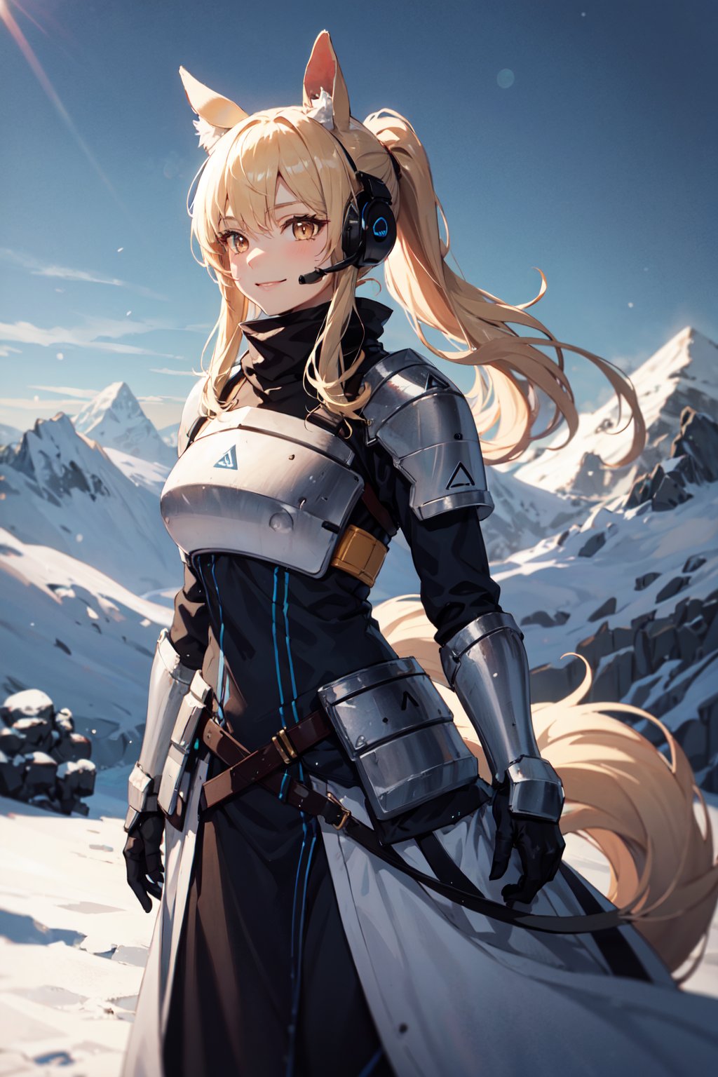 nearl, 1girl, solo, blonde hair, yellow eyes, long hair, animal ears, horse ears, horse girl, shoulder armor, ponytail, dress, breastplate, headset, standing, large breast <lora:nearltry-05:1> black dress, facing viewer, smile, mountains, snow, day, sunlight