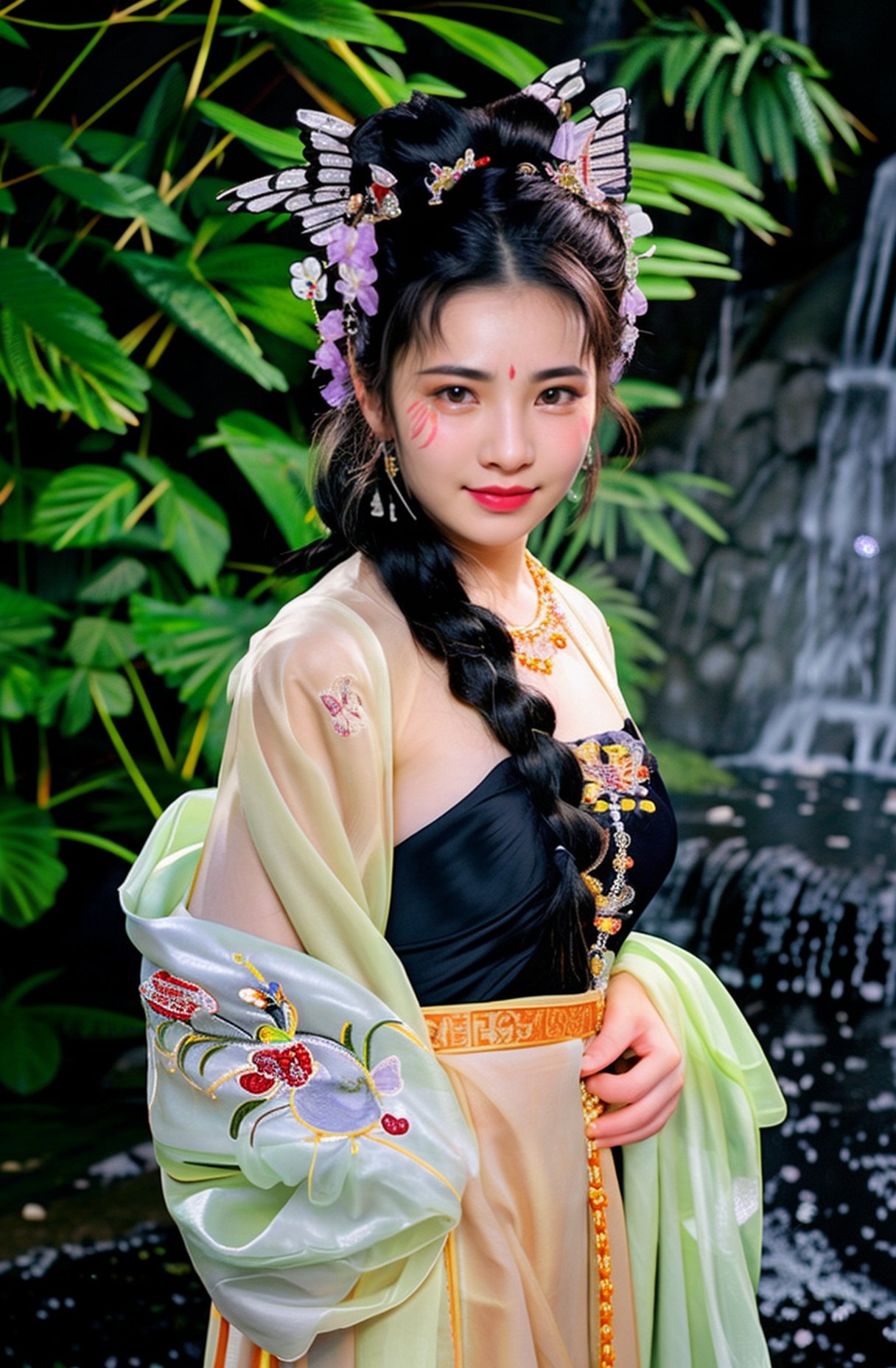 bdsm, (from front),photo of (a 18 year-old Chinese woman:1.2) wearing Detailed embroidered (see-through) (Hanfu:1.2) from r/nakedhanfu,(best aesthetic:1.2) and (best quality:1.2) and (photorealistic:1.4) and (Realistic:1.4) and Detailed Skin Textures and detailed skin pores and high skin detail,standing,(arms behind back),long sleeves,<lora:naked hanfuV1:0.7>, <lora:LCM_LoRA_Weights_SD15加速器:0.7>,hair bun and single braid,(Detailed facial features),Look at the audience and Seducing the audience and smiling,makeup,red lips,(looking at viewer and facing viewer) (wearing Detailed hair ornament and Detailed beads,Detailed hair flower,wearing Detailed jewelry,earrings,necklace,(facial mark:1.2),(forehead mark:1.2),(butterfly hair ornament),hair ribbon,flowers,<lyco:film grainV3:0.4> (There is a magnificent waterfall background behind her),water,water reflects sunlight, <lora:detail_slider_v4:1>,<lora:增加真實感epiCRealLife:1>