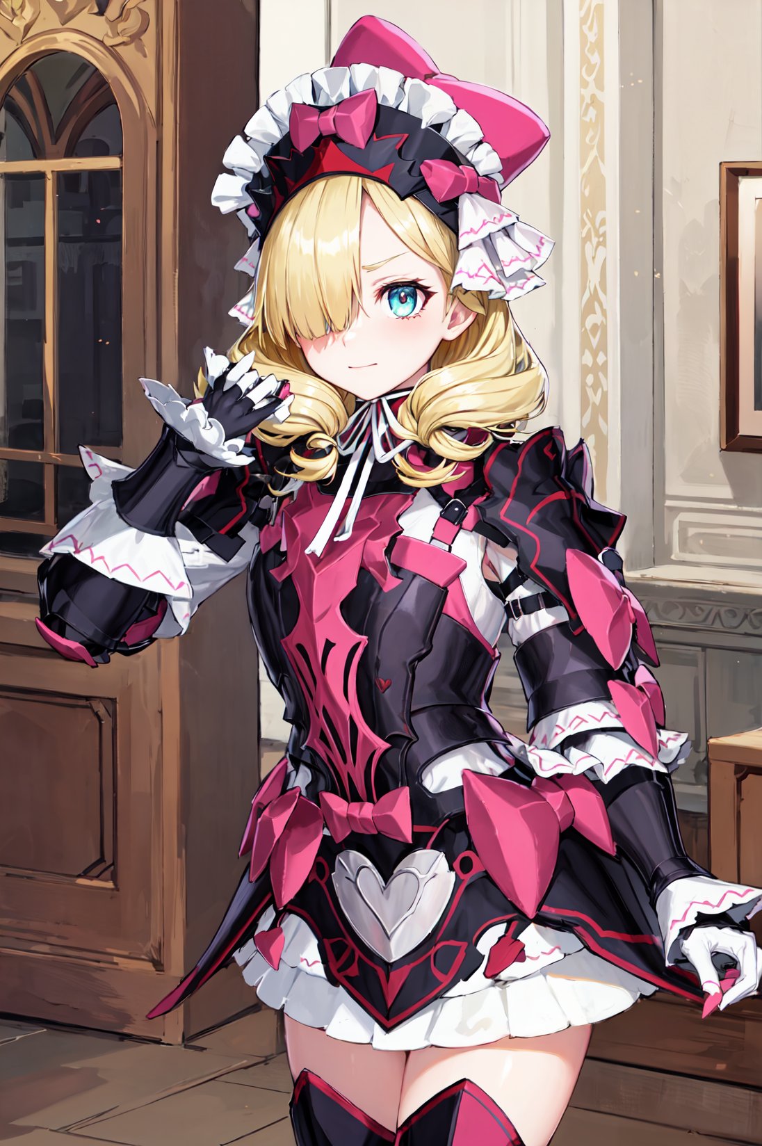 upper body,smug,<lora:marni1:0.9>,marni,hat,hat_bow,pink_bow,armor, dress,white skirt, looking at viewer,  hair over one eye, black footwear, frills, gauntlets, long sleeves, hat, armored boots, armored dress, gloves, thighhighs,heart,room,(masterpiece, best quality, ultra-detailed, best shadow),