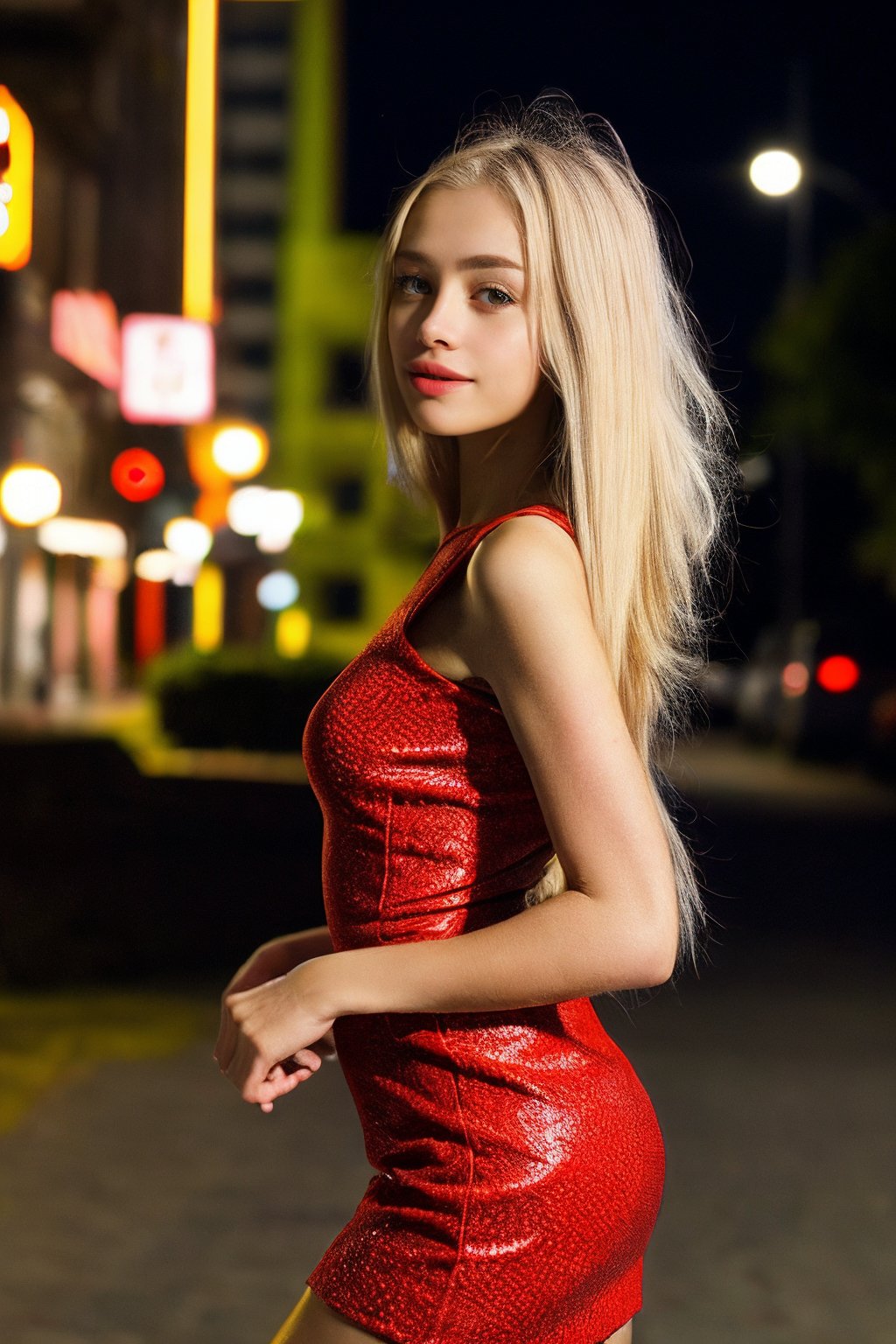 <lora:SC-Lolibela:0.85>, photo of l0l1b3l4, 1girl, petite girl, skinny, pale skin, platinum blonde hair, from side, (cowboy shot:1.2), detailed background, red dress, walking at the city streets, night, epiCRealism, epiCPhoto