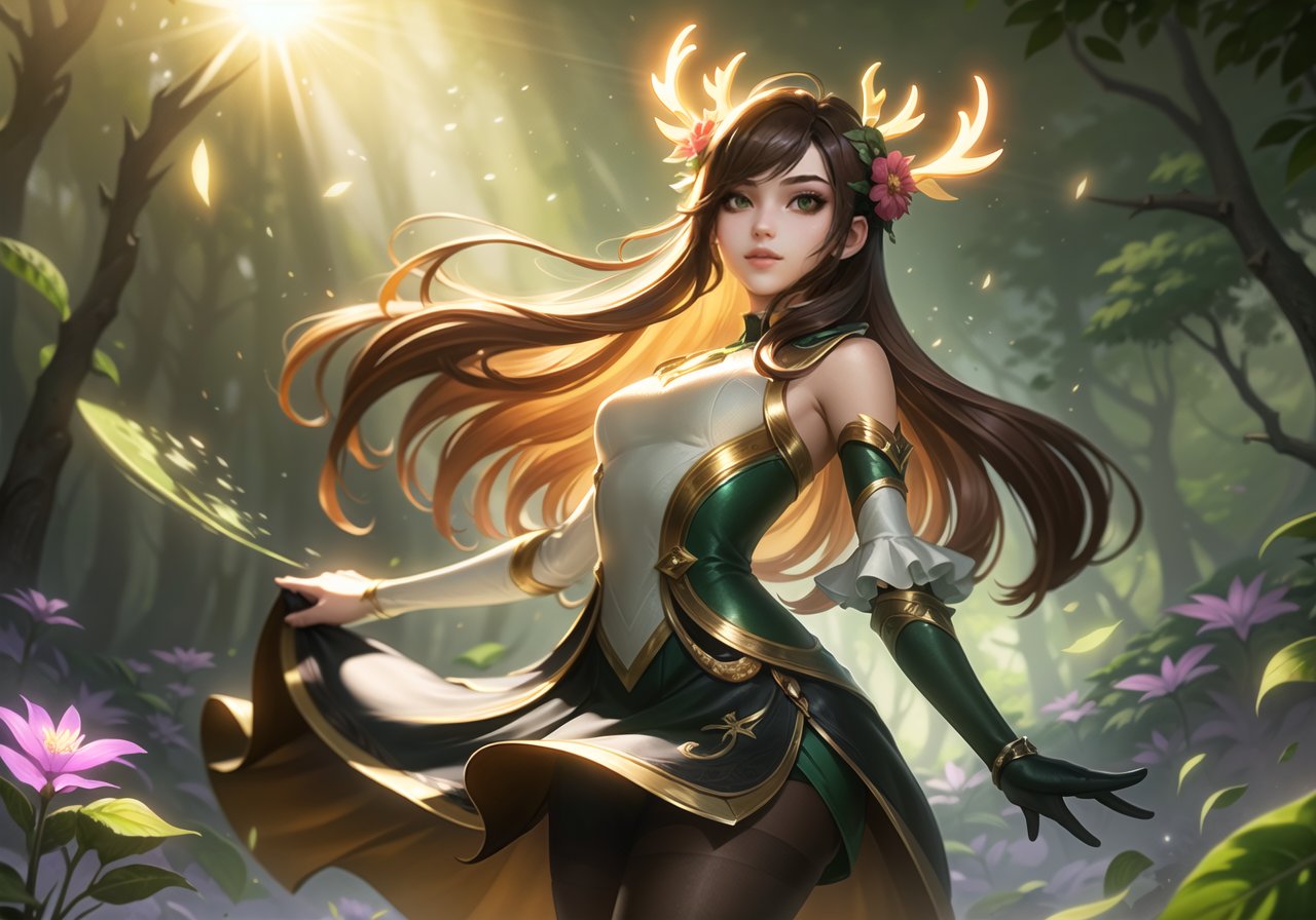 masterpiece, best quality,top quality,(wide shot:0.95),Dynamic angle,1 girl,solo,antlers,looking at viewer,brown hair,long hair,green theme,flower,(forest in background:1.2),sunshine,depth_of_field,particle effects,<lora:【moba】lol淘宝款:0.8>,