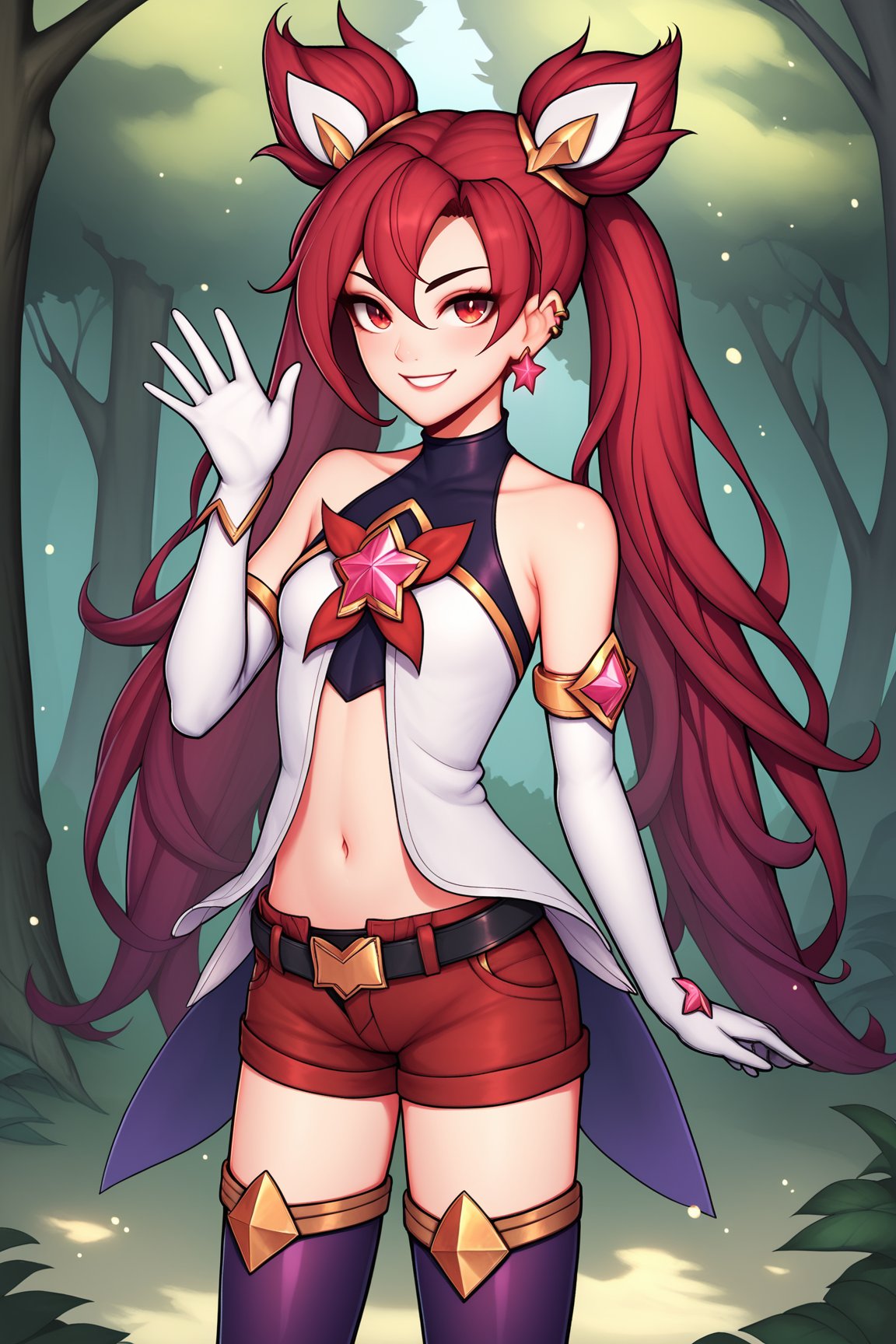 score_9, score_8_up, score_7_up, score_6_up, score_5_up, score_4_up, JinxSGLoLXL, star guardian (league of legends), red eyes, red hair, hair between eyes, twintails, cone hair bun, long hair, bangs, ear piercing, small breasts, bare shoulders, white dress, star (symbol), black elbow gloves, white elbow gloves, navel, black belt, red shorts, purple thighhighs, white boots, solo, standing, waving, seductive smile, looking at viewer, forest, tree <lora:JinxSGLoLXL:0.8>