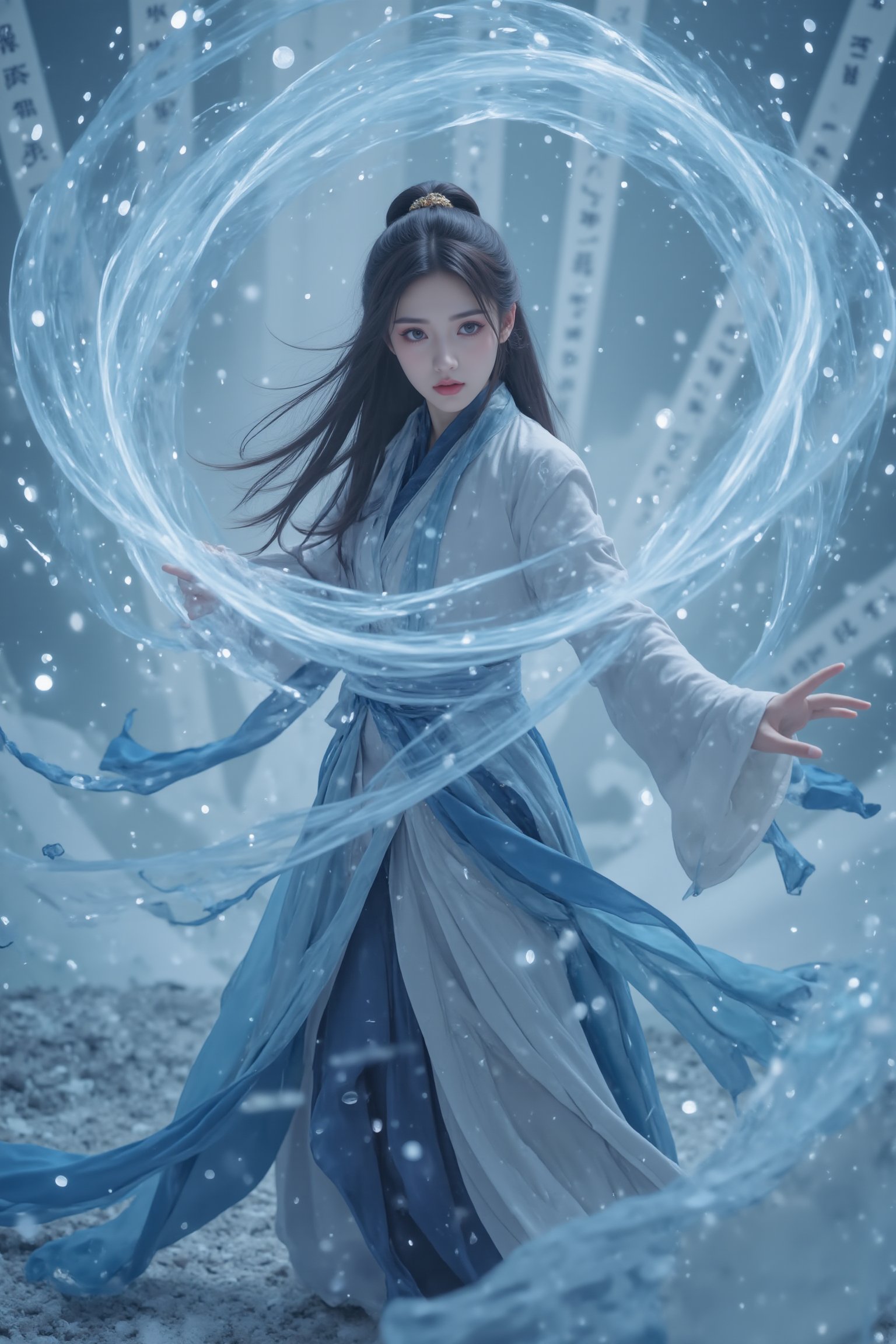 Ultra wide angle shooting, a girl dressed in an ancient mage costume, Hanfu, handsome, with gestures forming spells, martial arts and fairy tale atmosphere, carrying a sky filled with water vapor, game characters, water waves, without looking at the camera, writing calligraphy, surrounded by long and transparent scrolls, floating transparent Hanzi, dynamic action style, rotation, magical realism, dynamic action style, the highest quality, masterpiece, CG, HDR, high-definition, extremely fine, detailed face Superheroes, heroes, detail ultra high definition, OC rendering, Taoist runes<lora:极品超模V8_2.0:0.8>