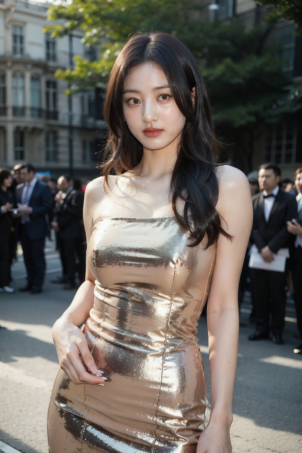 Best quality, masterpiece, ultra high res, (photorealistic), raw photo,1girl, skinny, upper body,solo, realistic, looking at viewer, outdoor, formal dress,     long wavy hair, <lora:makina69_jihyo_v1.0:1>