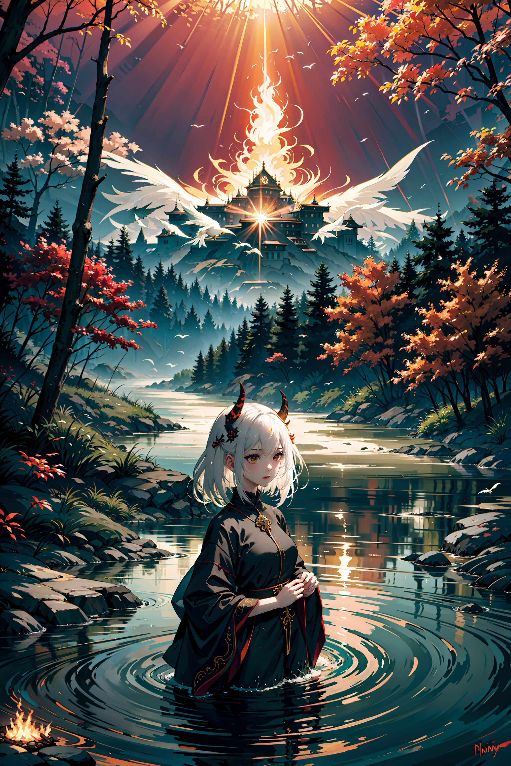 centered, upper body, 1girl, white hair, demon horns, (wide shot:1.4), plains, bushes, forest, river, flowing river, volumetric lighting, godray, fish, birds, bonfire on top of building