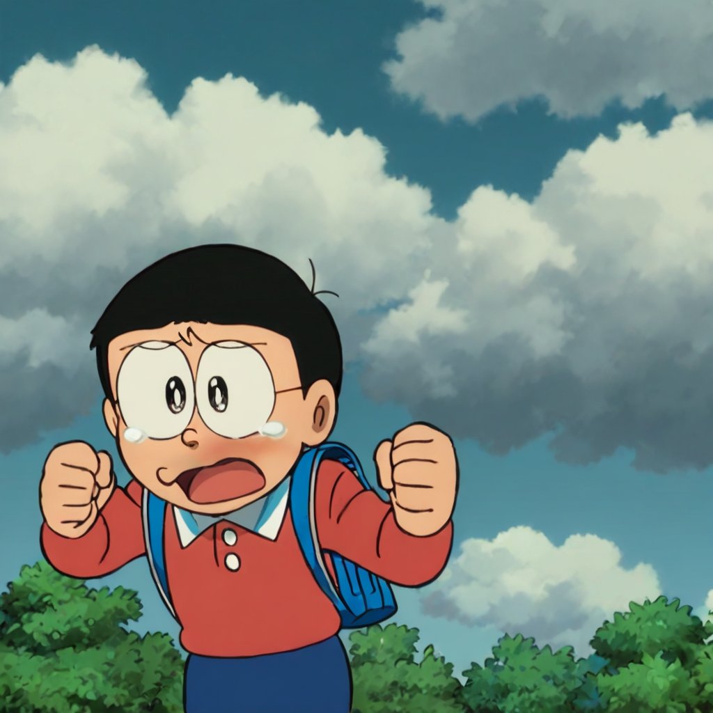 nobi nobita, 1boy, male focus, solo, black hair, sky, cloud, open mouth, tears, backpack, blue sky, crying, day, upper body, black eyes, bag, red shirt, parody, shirt, outdoors, tearing up, masterpiece, best quality, <lora:minamoto shizuka and nobita kohaku:1>