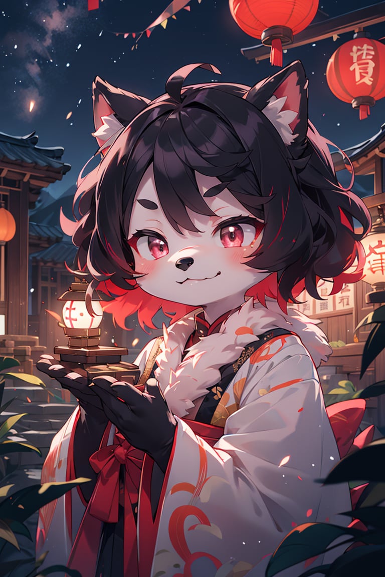 (best fluffy hands:0.7),wide Shot,best quality,(official art, masterpiece,ultra detailed 8k art),Fluffy body,Fluffy hands,(anthro,focus 1 girl,furry girl),Close up face,(jitome eyes:1.3), pink eyes, chinese clothes, very short hair,wavy hair,1 Black thin red tail,(black hair,red inner hair) BREAKlantern, China,(outdoor), (milky way, midnight) , an andon, flat chest, old dilapidated building,valley, evil smile