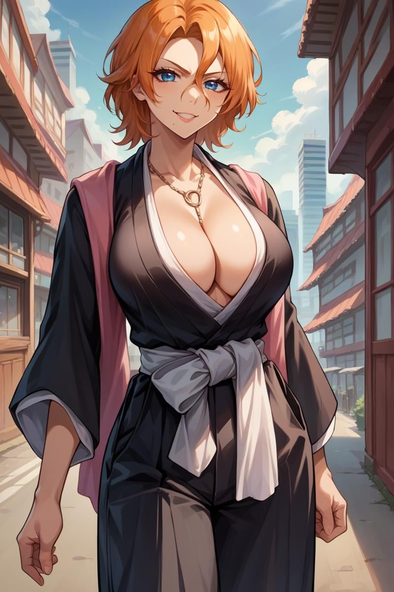 score_9, score_8_up, score_7_up, score_6_up, source_anime BREAK 1girl, solo,  <lora:rangiku-pdxl-nvwls-v1-000006:1> defran, short hair, hair between eyes, orange hair, blue eyes, mole under mouth, necklace, black robes, hakama pants, pink scarf, cleavage, white sash, large breasts, city, blue sky, looking at you, happy, smirk